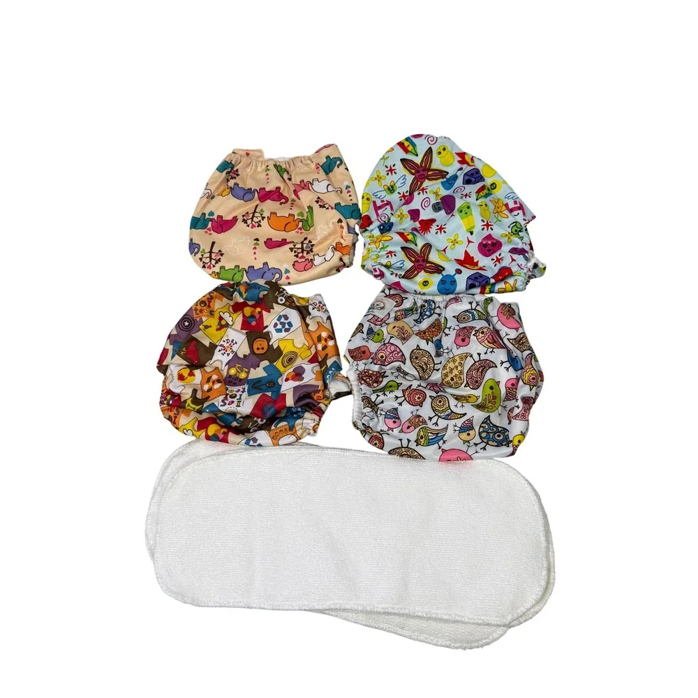 Shine Baby Cloth Diaper Set 4 Pocket Diapers with Inserts Animal Bird Prints